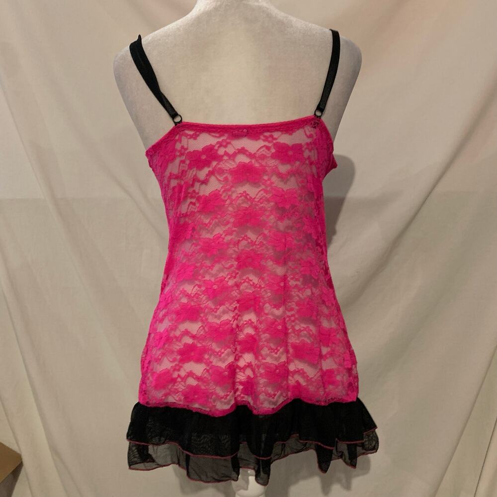 Y2K Hot Pink Black Lace Padded Mini Slip Dress Medium - Picture 3 of 4